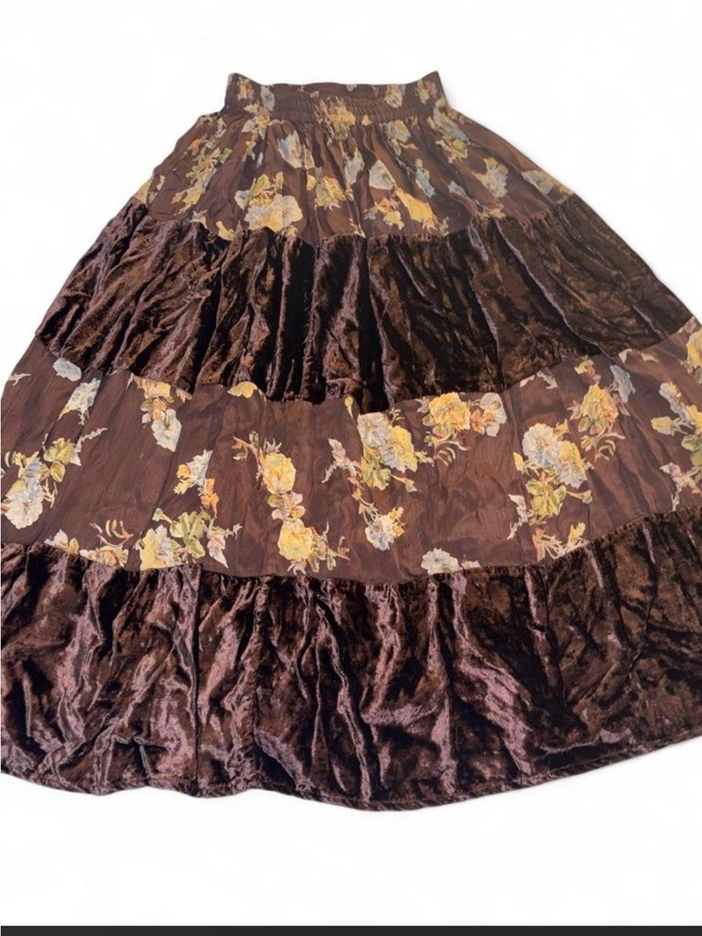Rare, Vintage 90s Ordinary Mary Floral Crushed Velvet Tiered Boho Midi Skirt M